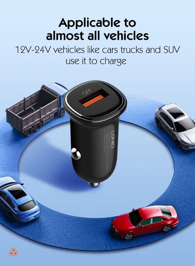 LDNIO محول شاحن سيارة ولاعة سجائر 30 واط - منافذ شحن سريعة USB للهاتف، التابلت ونظام تحديد المواقع - شاحن سيارة 12 فولت/24 فولت لآيفون، سامسونج، أندرويد - يتضمن كابل USB متوافق مع آيفون 17 16 15 14 13 12 11 آيباد برو ميني 6 سامسونج S24 S23 S22 شياومي ايربودز 4 ساعة آبل S10 أسود - Image 3