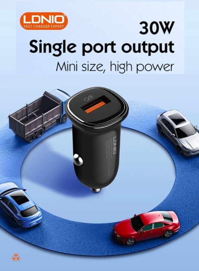 LDNIO محول شاحن سيارة ولاعة سجائر 30 واط - منافذ شحن سريعة USB للهاتف، التابلت ونظام تحديد المواقع - شاحن سيارة 12 فولت/24 فولت لآيفون، سامسونج، أندرويد - يتضمن كابل USB متوافق مع آيفون 17 16 15 14 13 12 11 آيباد برو ميني 6 سامسونج S24 S23 S22 شياومي ايربودز 4 ساعة آبل S10 أسود - Image 1