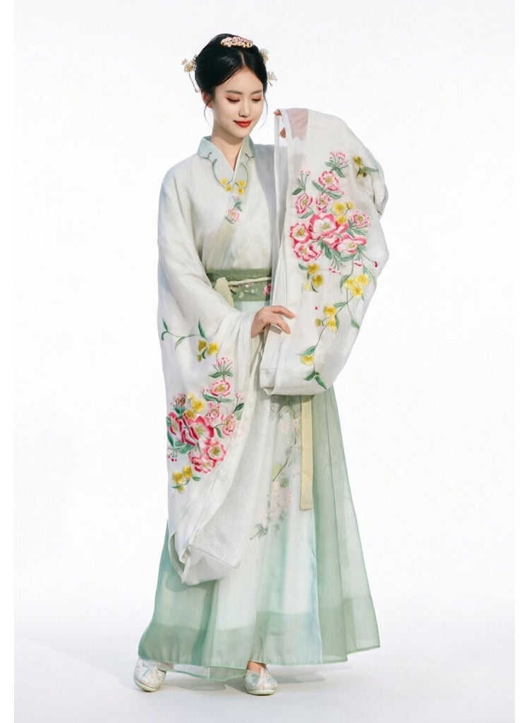 liannaner Women's Hanfu Traditional Chinese Outfit, Elegant Floral Embroidery Wide Sleeve Han Dynasty Dress, Light Green Ancient Chinese Costume with Belt, Fairy Cosplay Dress for Photoshoot Wedding Party - Image 1