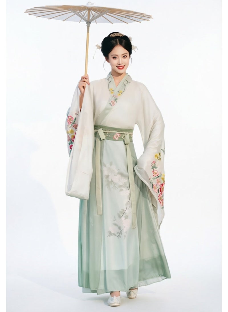 liannaner Women's Hanfu Traditional Chinese Outfit, Elegant Floral Embroidery Wide Sleeve Han Dynasty Dress, Light Green Ancient Chinese Costume with Belt, Fairy Cosplay Dress for Photoshoot Wedding Party - Image 2