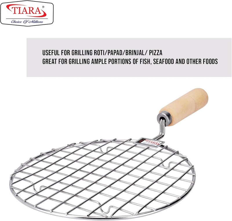 Tiara Amber Pizza Grill Round Size1 Papad Jali Stainless Steel Roaster, Brinjal Roaster, Barbeque Jali Roaster Chapati Toast Grill Wooden Handle (Papad Jali Round Size 1 Small) - Image 2