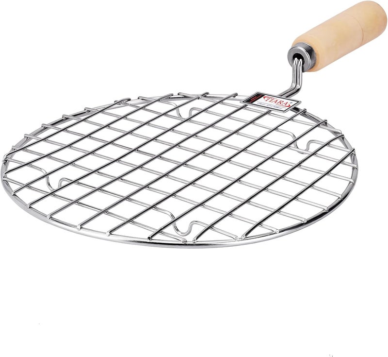 Tiara Amber Pizza Grill Round Size1 Papad Jali Stainless Steel Roaster, Brinjal Roaster, Barbeque Jali Roaster Chapati Toast Grill Wooden Handle (Papad Jali Round Size 1 Small) - Image 1