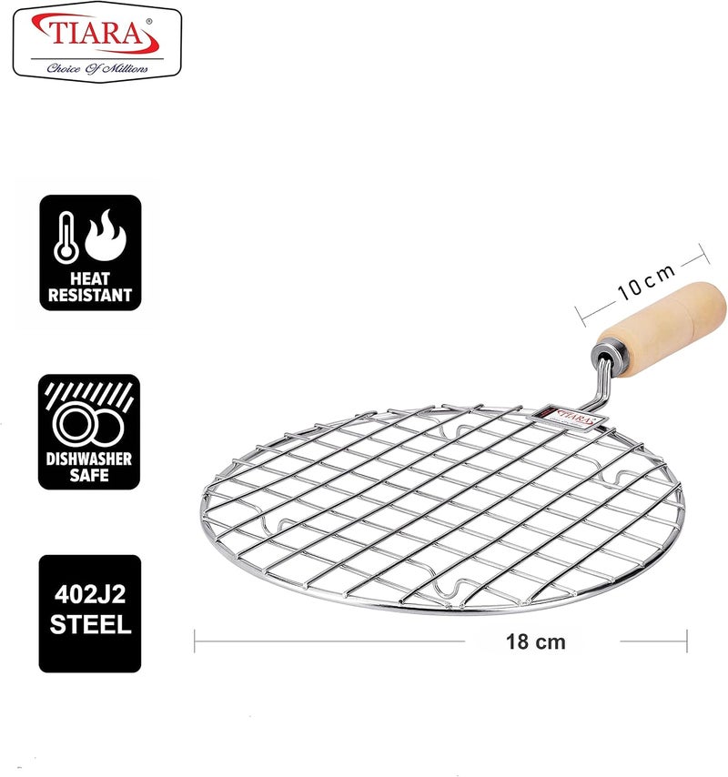Tiara Amber Pizza Grill Round Size1 Papad Jali Stainless Steel Roaster, Brinjal Roaster, Barbeque Jali Roaster Chapati Toast Grill Wooden Handle (Papad Jali Round Size 1 Small) - Image 3
