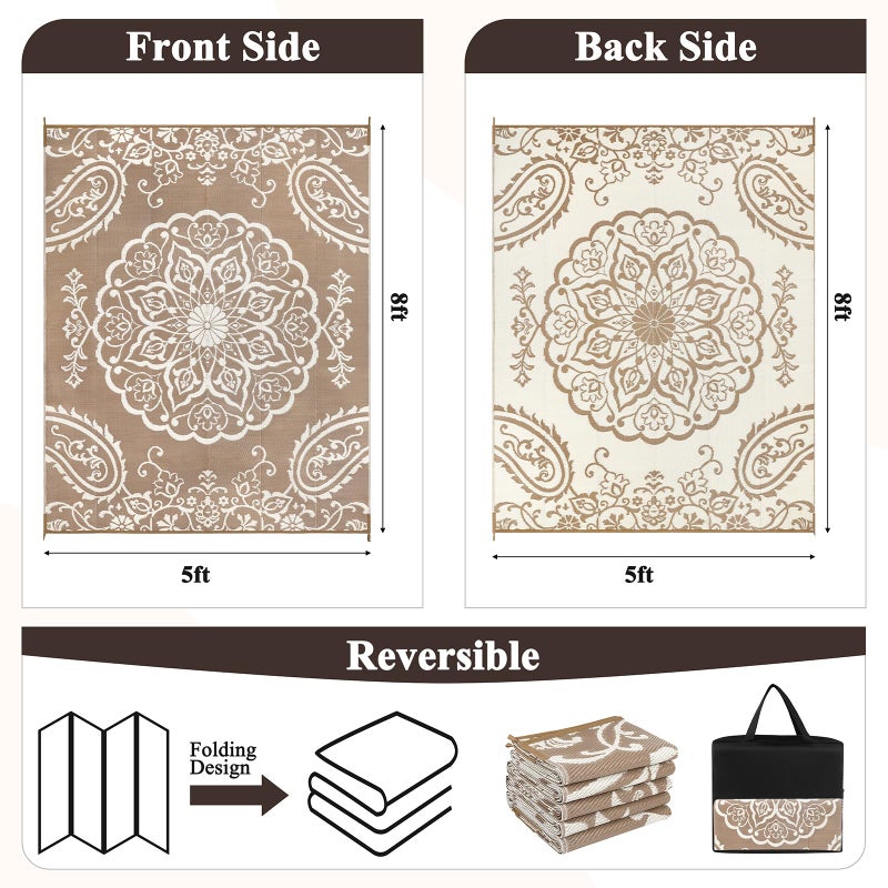Pauwer Waterproof Outdoor Rug 5x8, Reversible Plastic Straw Patio Camping Rug, Indoor Outdoor RV Mat Carpet for Deck, Camper, Porch, Balcony, Backyard, Picnic, Boho Brown - Image 2