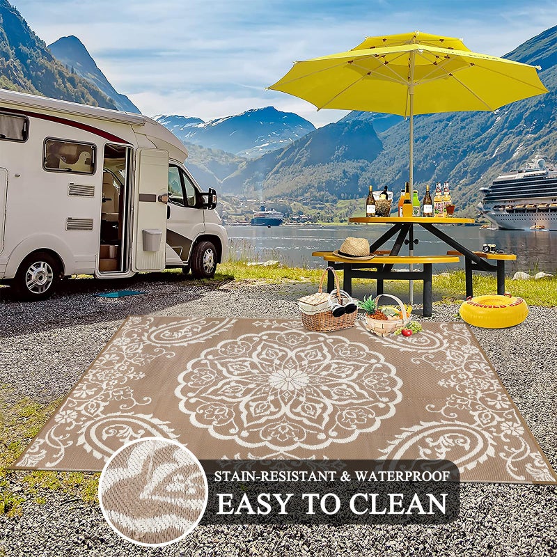 Pauwer Waterproof Outdoor Rug 5x8, Reversible Plastic Straw Patio Camping Rug, Indoor Outdoor RV Mat Carpet for Deck, Camper, Porch, Balcony, Backyard, Picnic, Boho Brown - Image 5