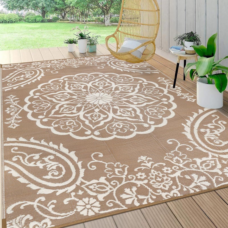 Pauwer Waterproof Outdoor Rug 5x8, Reversible Plastic Straw Patio Camping Rug, Indoor Outdoor RV Mat Carpet for Deck, Camper, Porch, Balcony, Backyard, Picnic, Boho Brown - Image 1