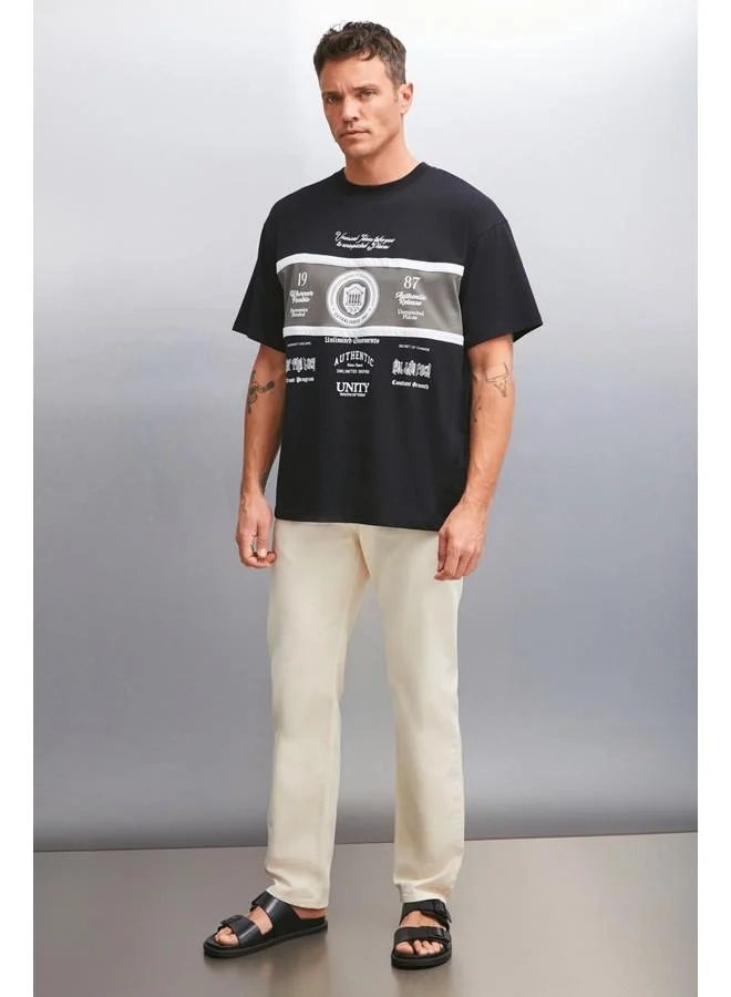 GRIMELANGE Grimelange Gio Men's Cotton Short Sleeve Crew Neck Front Printed Oversize Black T-Shirt