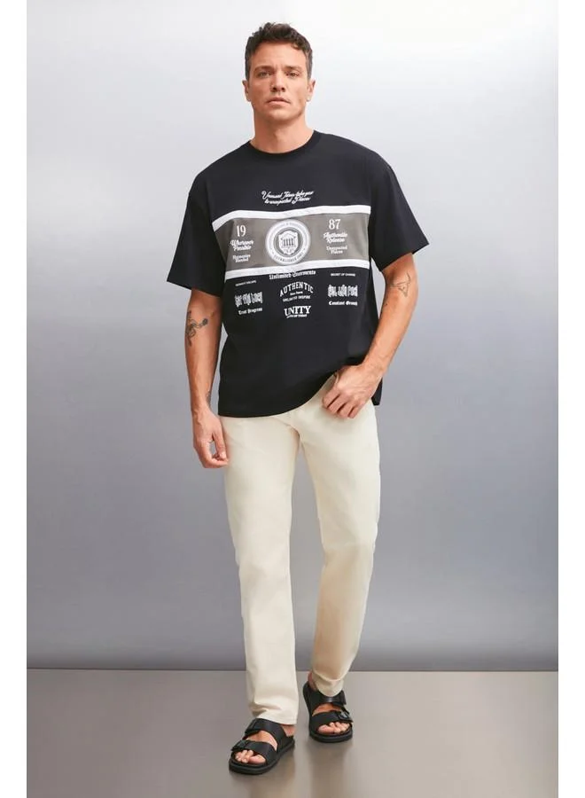 GRIMELANGE Grimelange Gio Men's Cotton Short Sleeve Crew Neck Front Printed Oversize Black T-Shirt
