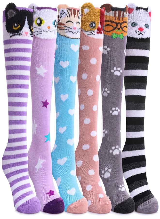 SDBING Kids Girls Knee High Socks Crazy Funny Gift Novelty Soft Cute Animal Dress Long Socks 6 Pairs (Cat 01) - Image 1