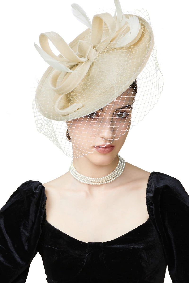 BABEYOND Tea Party Fascinator Kentucky Hat Fascinator Cocktail Pillbox Hat Derby Headband Off-White - Image 1