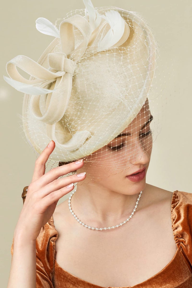 BABEYOND Tea Party Fascinator Kentucky Hat Fascinator Cocktail Pillbox Hat Derby Headband Off-White - Image 4