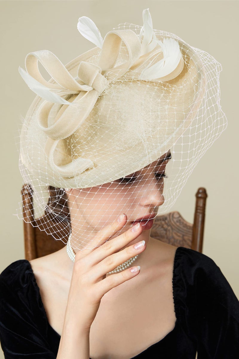 BABEYOND Tea Party Fascinator Kentucky Hat Fascinator Cocktail Pillbox Hat Derby Headband Off-White - Image 5