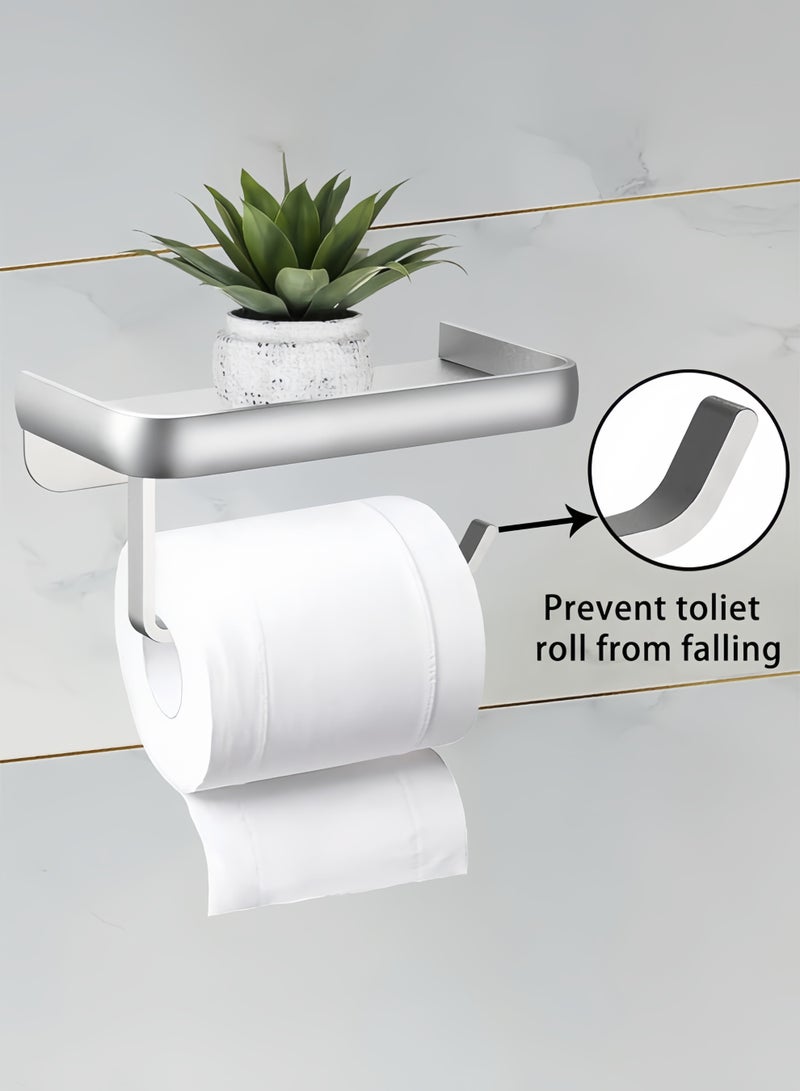 HQ-GAMING Toilet Paper Holder with Phone Shelf, Adhesive or Screw Wall Mount Toilet Tissue Roll Holder, Rustproof & Multifunctional Stainless Steel Bathroom Storage Dispenser (Silver) - Image 3