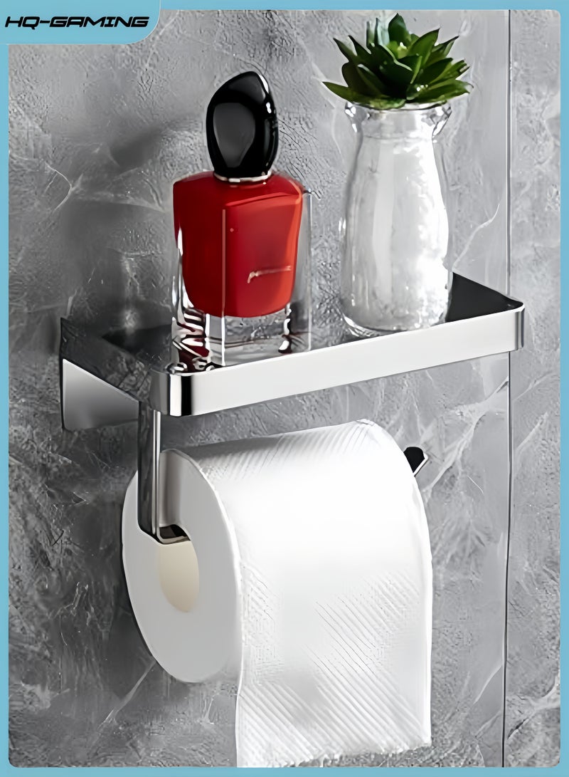 HQ-GAMING Toilet Paper Holder with Phone Shelf, Adhesive or Screw Wall Mount Toilet Tissue Roll Holder, Rustproof & Multifunctional Stainless Steel Bathroom Storage Dispenser (Silver) - Image 1