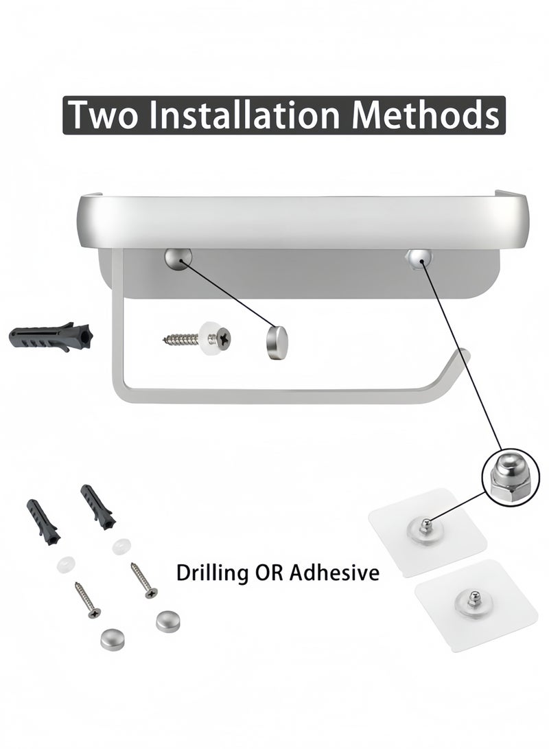 HQ-GAMING Toilet Paper Holder with Phone Shelf, Adhesive or Screw Wall Mount Toilet Tissue Roll Holder, Rustproof & Multifunctional Stainless Steel Bathroom Storage Dispenser (Silver) - Image 5