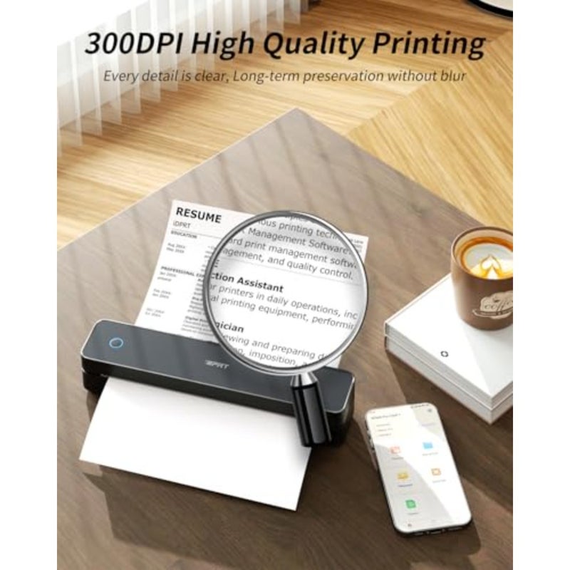 طابعة حرارية محمولة للسفر، MT610 Pro لاسلكية، 300 نقطة في البوصة بلوتوث بدون حبر، تدعم ورق حراري 8.5 × 11 US Letter/A4/A5، متوافق مع iOS/Android/الكمبيوتر المحمول، هيكل بلاستيكي أسود، تصميم مضغوط - Image 3