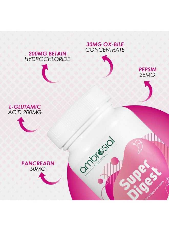 Ambrosial Super Digest with Betaine hcl Pepsin, Ox-Bile, Pancreatin & L-Glutamic Acid | Digestive Enzyme Supplements to Support Optimal Digestion & Gut Health (Pack of 1-120 Capsules) - Image 2