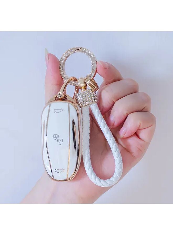 غطاية مفتاح TPU بيضاء مع سلسلة مفاتيح لتيسلا موديل S 3 Y بتصميم متين وأنيق - Image 1