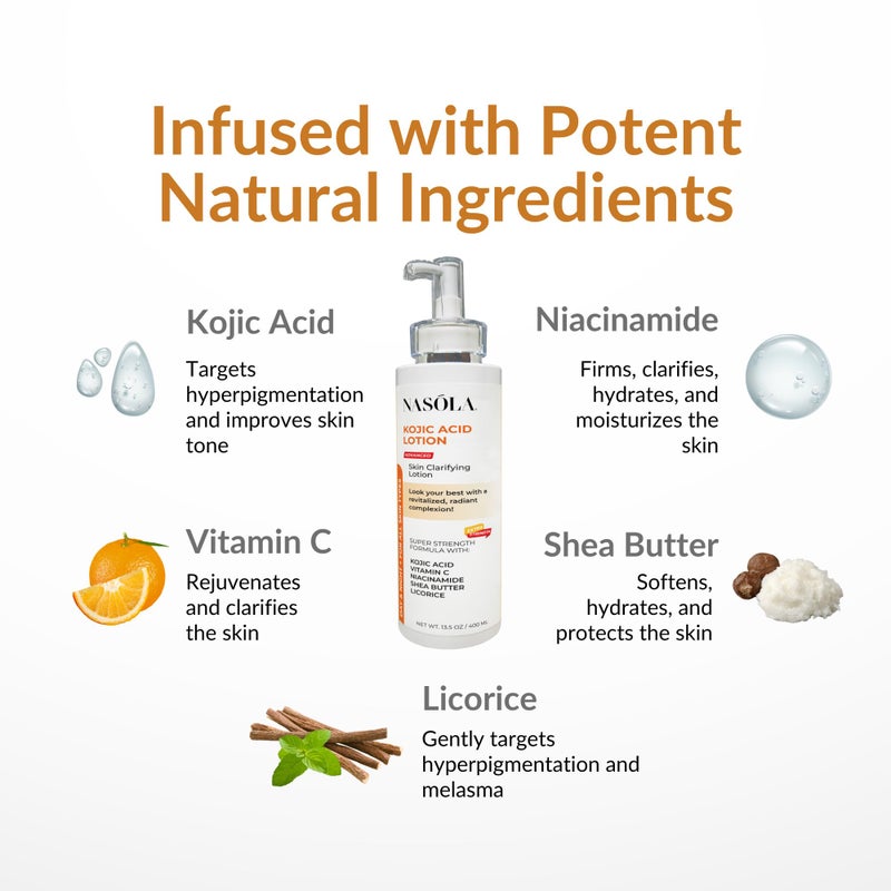 Nasola Kojic Acid Lotion Natural Skin Clarifying for Face & Body with Vitamin C, Niacinamide, Shea Butter, Licorice & Green Tea for Complexion Revitalization, Women & Men - Image 3