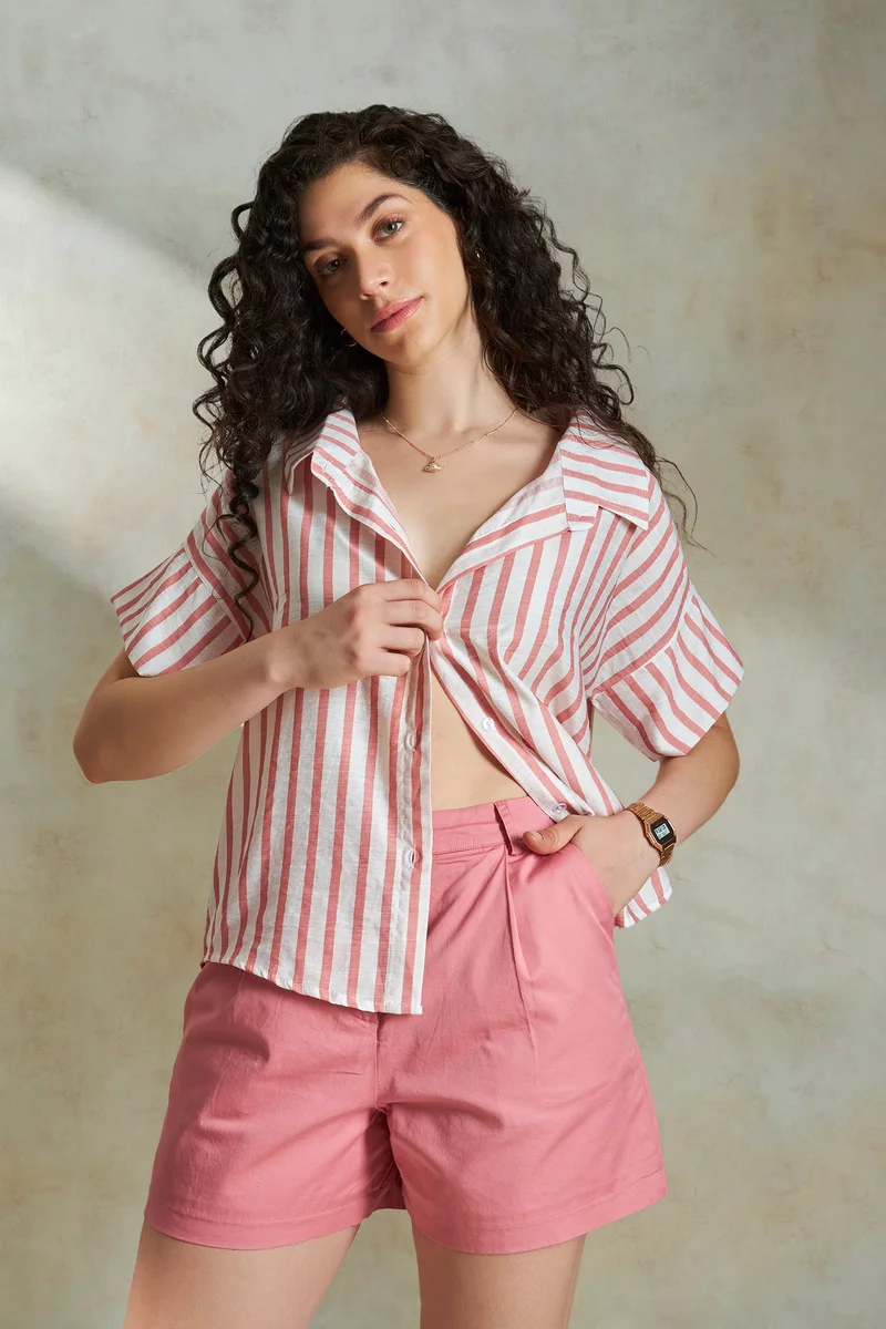 فيرجيو Slub Texture Daywear Back Button Striped Shirts for Women