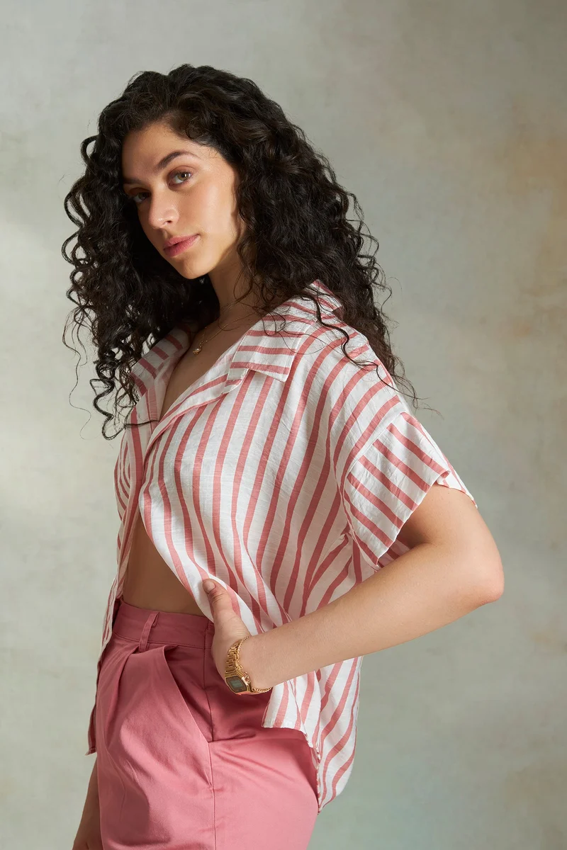 Virgio Slub Texture Daywear Back Button Striped Shirts for Women