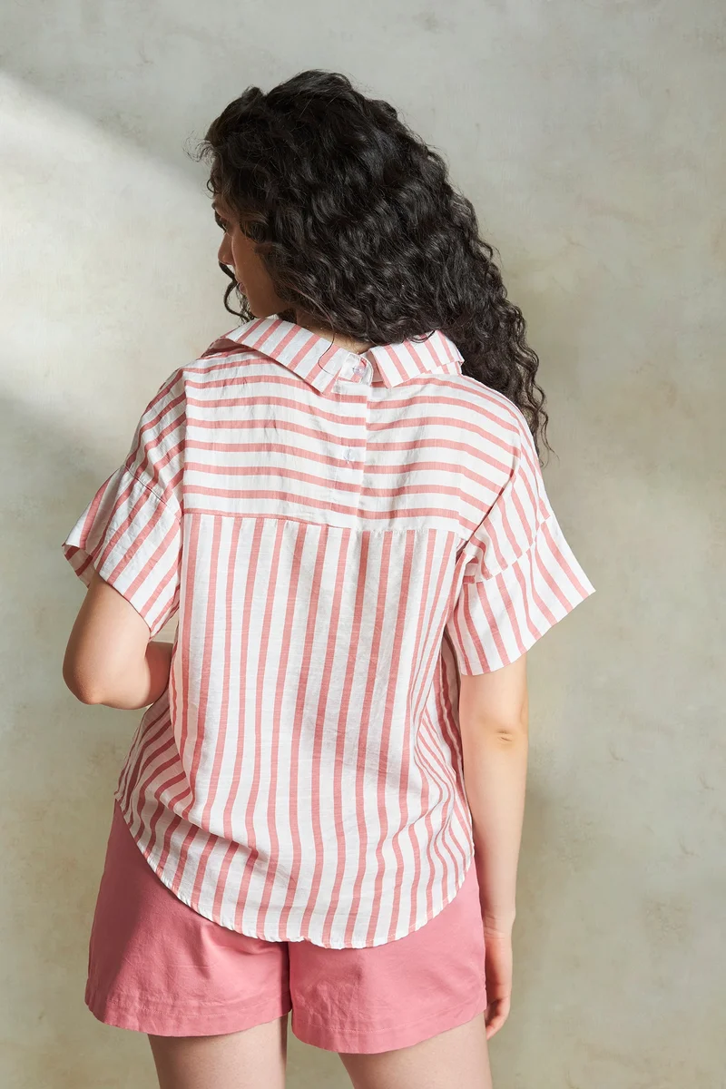 Virgio Slub Texture Daywear Back Button Striped Shirts for Women