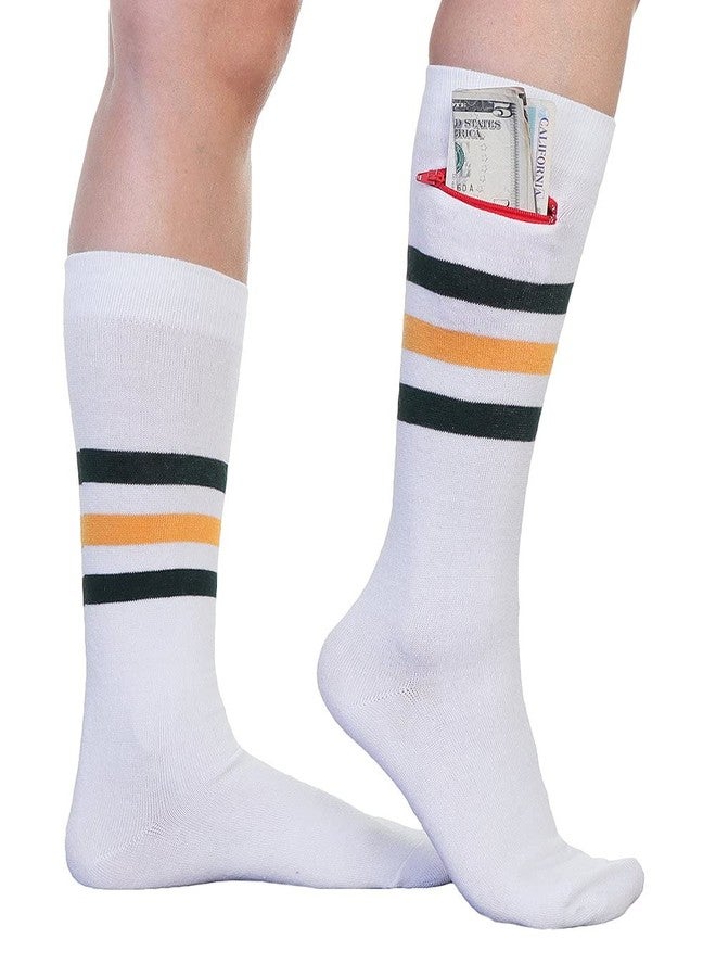 Pocket Socks Unisex - Zip Security Pocket for accessories, One Size Fits Most - 2 Pack Bundle White Sport Stripe (S/M) (9-11) - Image 1