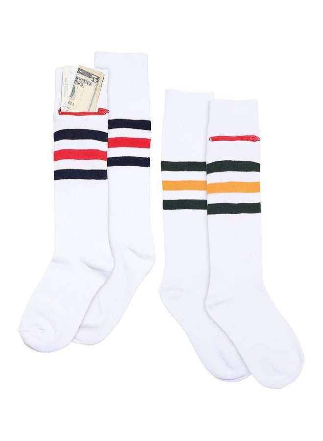 Pocket Socks Unisex - Zip Security Pocket for accessories, One Size Fits Most - 2 Pack Bundle White Sport Stripe (S/M) (9-11) - Image 2