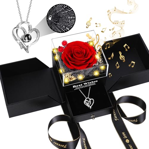 Pasuvsigt Mothers Day Mom Birthday Gifts for Women Preserved Real Rose with I Love You Heart 100Language Necklace LED Lights Music Box Anniversary for Women Girlfriend Mom - Image 1