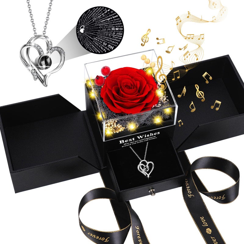 Pasuvsigt Mothers Day Mom Birthday Gifts for Women Preserved Real Rose with I Love You Heart 100Language Necklace LED Lights Music Box Anniversary for Women Girlfriend Mom - Image 2