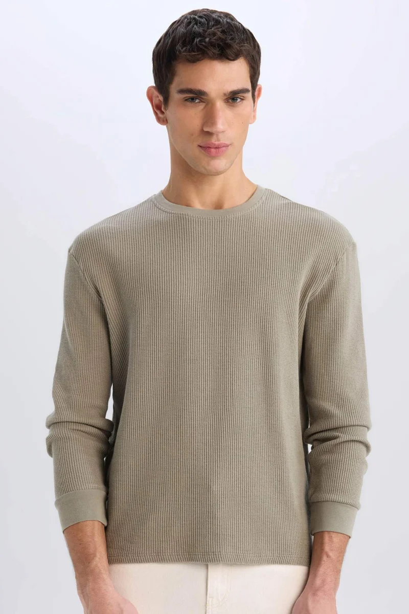 ديفاكتو Regular Fit Crew Neck Long Sleeve Waffle T-Shirt