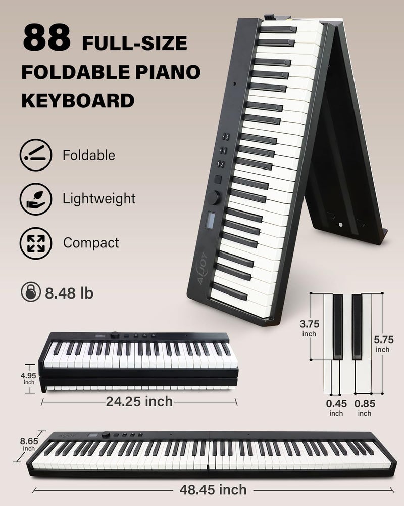 AiJoy بيانو آي جوي 88 مفتاح قابل للطي مع لوحة مفاتيح شبه وزن، USB-MIDI، دواسة استدامة وحامل، بيانو كهربائي للمبتدئين، أسود - Image 5