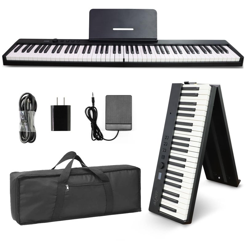 AiJoy بيانو آي جوي 88 مفتاح قابل للطي مع لوحة مفاتيح شبه وزن، USB-MIDI، دواسة استدامة وحامل، بيانو كهربائي للمبتدئين، أسود - Image 1