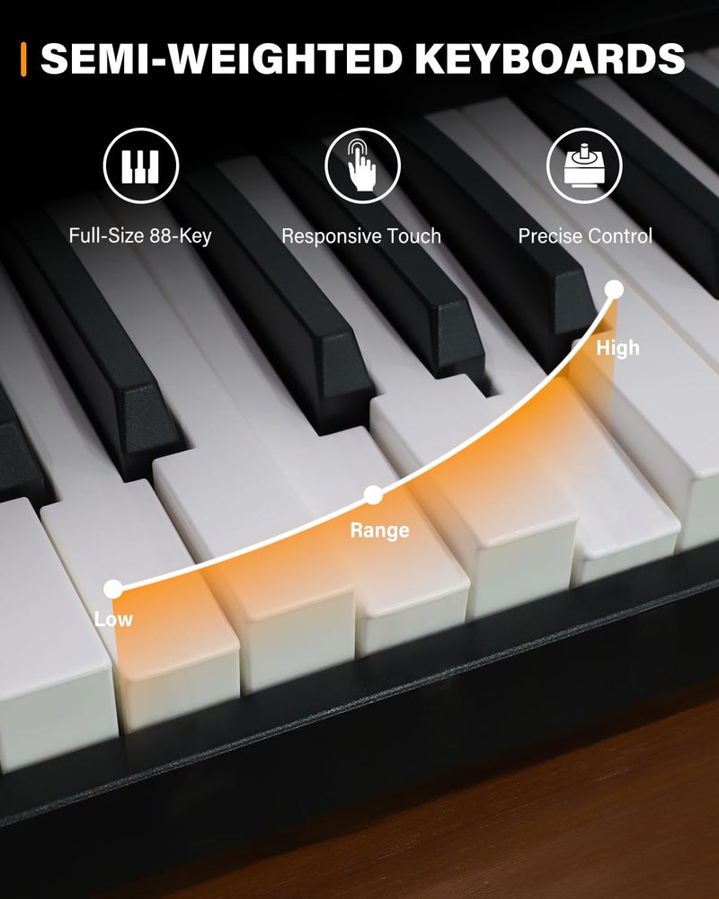 AiJoy بيانو آي جوي 88 مفتاح قابل للطي مع لوحة مفاتيح شبه وزن، USB-MIDI، دواسة استدامة وحامل، بيانو كهربائي للمبتدئين، أسود - Image 3