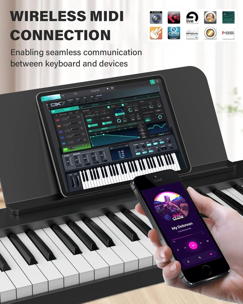 AiJoy بيانو آي جوي 88 مفتاح قابل للطي مع لوحة مفاتيح شبه وزن، USB-MIDI، دواسة استدامة وحامل، بيانو كهربائي للمبتدئين، أسود - Image 4