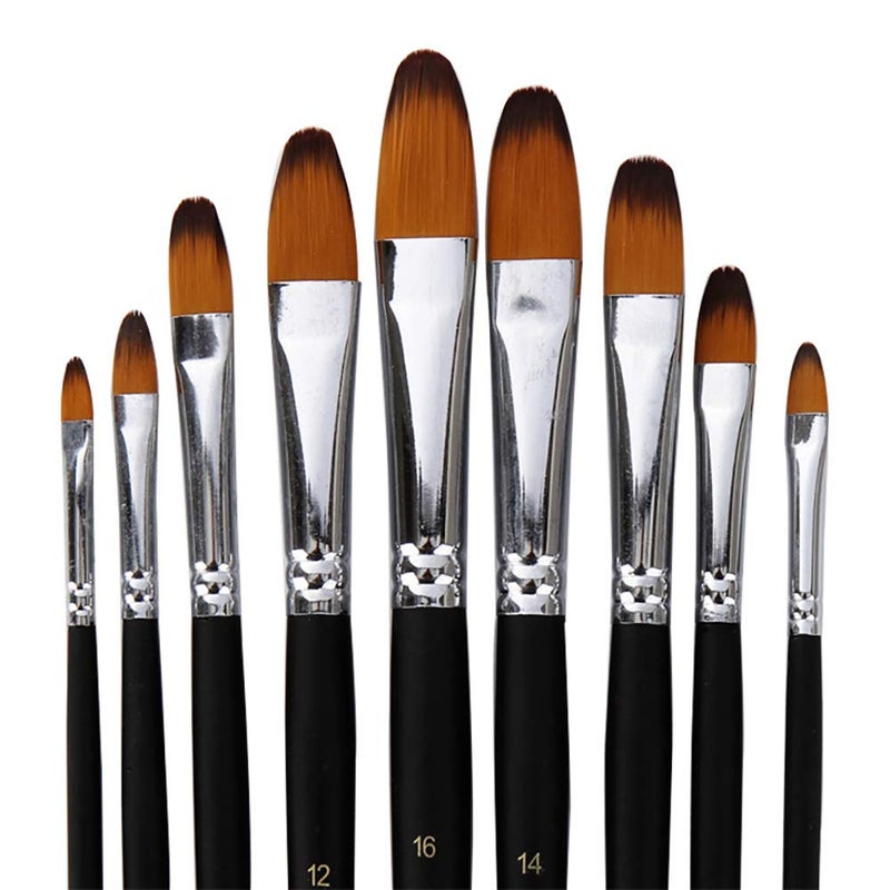Artist Paint Brushes Set9 Pcs Professional Filbert Brushes for Acrylic Oil Watercolor Gouache Painting Kits with Long Handle Nylon Hair Black