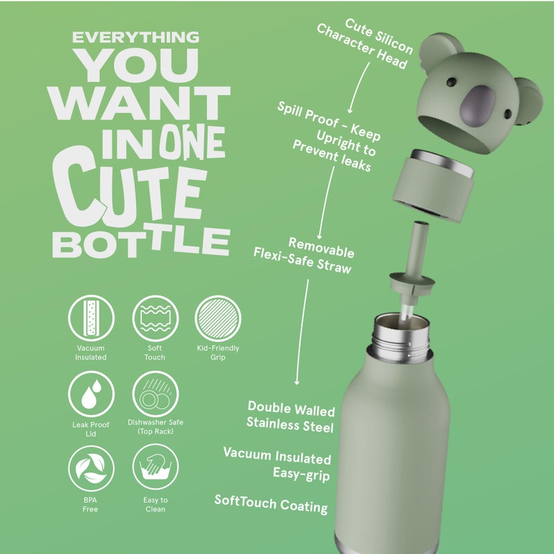 asobu Bestie Bottle Insulated Stainless Steel Water Bottle with Detachable Soft Animal Head Fun Drinking For Kids and Teens with Flexible Reusable Straw 16 Ounce (Koala) - Image 3