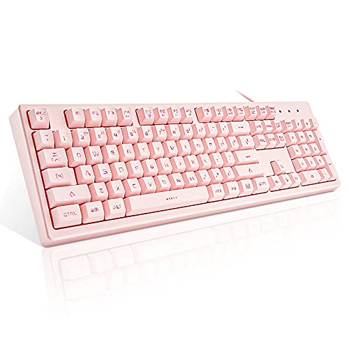 Basaltech Pink Keyboard with 7-Color LED Backlit, 104 Keys Quiet Silent Light Up Keyboards, 19-Key Anti-Ghosting Cheap Gaming Keyboard Mechanical Feeling Waterproof Wired USB for Computer, Mac, Laptop - Image 1
