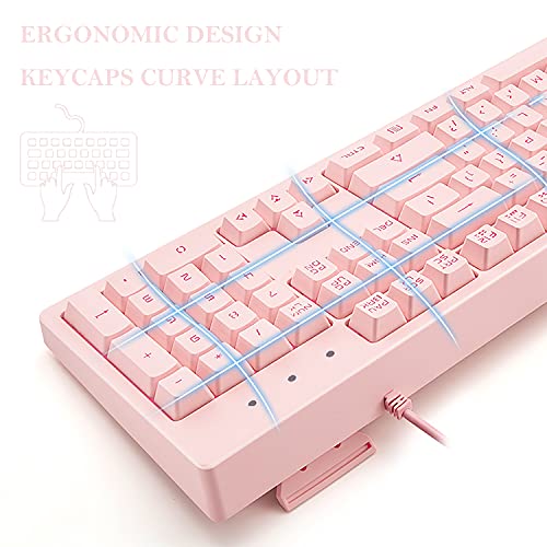 Basaltech Pink Keyboard with 7-Color LED Backlit, 104 Keys Quiet Silent Light Up Keyboards, 19-Key Anti-Ghosting Cheap Gaming Keyboard Mechanical Feeling Waterproof Wired USB for Computer, Mac, Laptop - Image 2