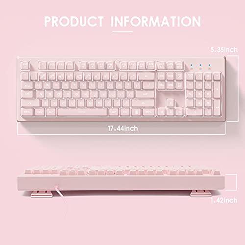Basaltech Pink Keyboard with 7-Color LED Backlit, 104 Keys Quiet Silent Light Up Keyboards, 19-Key Anti-Ghosting Cheap Gaming Keyboard Mechanical Feeling Waterproof Wired USB for Computer, Mac, Laptop - Image 5