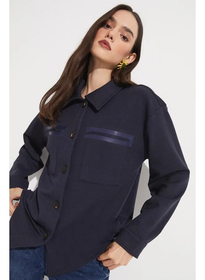 JUNE June Zipper Detailed Viscose Blend Shirt Jacket Navy