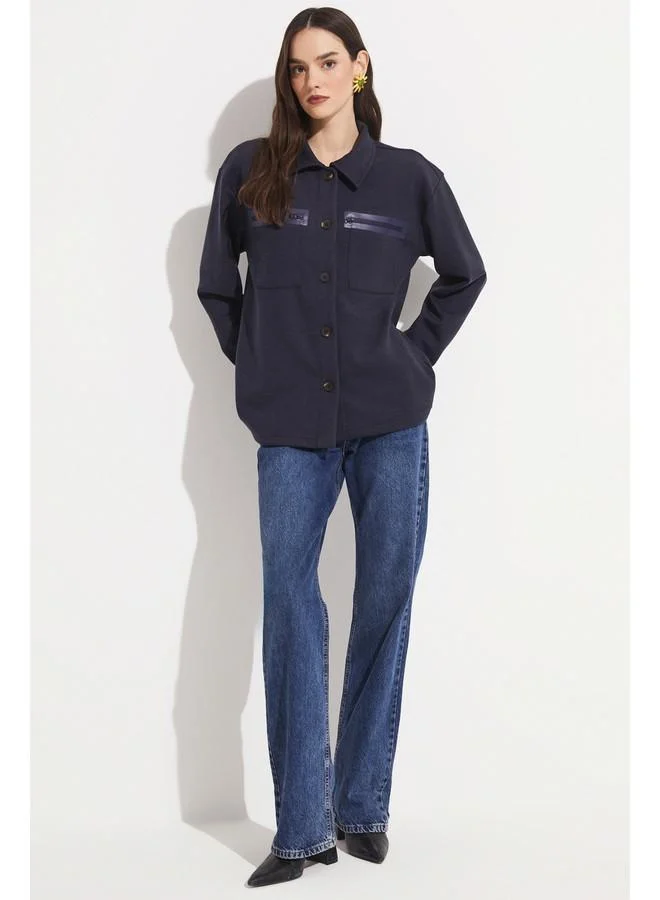 JUNE June Zipper Detailed Viscose Blend Shirt Jacket Navy