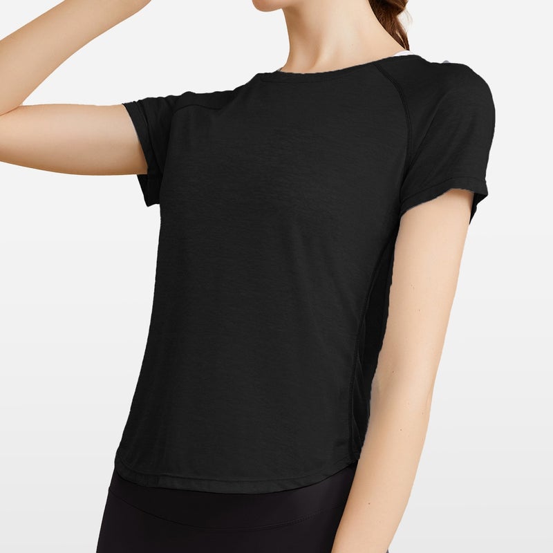 Generic Sports Short-sleeved Womens Summer New Loose Breathable Quick-drying Fitness Suit Top Good-looking Pilates Yoga Suit Black FBF201343