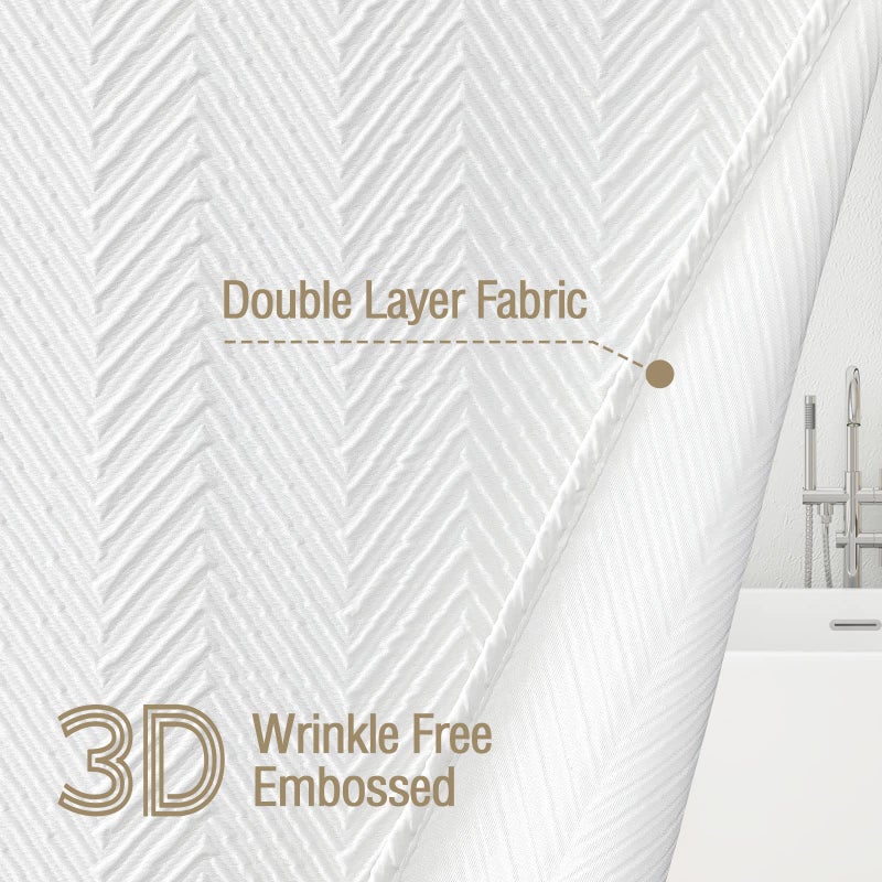 Gibelle White Shower Curtain, 3D Embossed Textured Herringbone Fabric Modern Farmhouse Bathroom Decor Soft Cloth Curtain Set with Hooks, 72x72 - Image 2