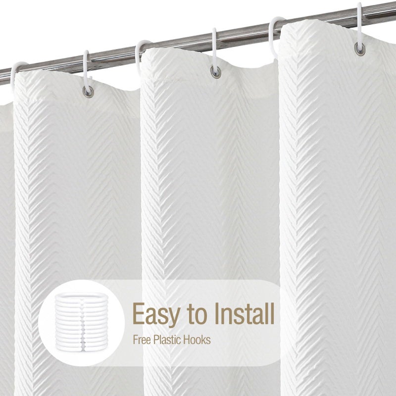 Gibelle White Shower Curtain, 3D Embossed Textured Herringbone Fabric Modern Farmhouse Bathroom Decor Soft Cloth Curtain Set with Hooks, 72x72 - Image 4