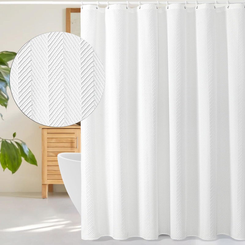 Gibelle White Shower Curtain, 3D Embossed Textured Herringbone Fabric Modern Farmhouse Bathroom Decor Soft Cloth Curtain Set with Hooks, 72x72 - Image 1