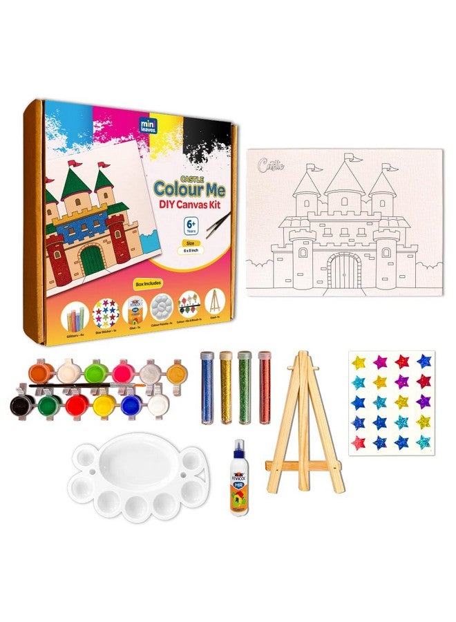 Mini Leaves Mini Leaves Colour Me Castle DIY Canvas Art Kit 8 x 6 Inch with Wooden Easel, Premium Paint kit for Kids 6+ Years, Brush, Glitters | Beginner DIY Canvas Kit for Kids Ages 6-8- Single Piece  - Image 1