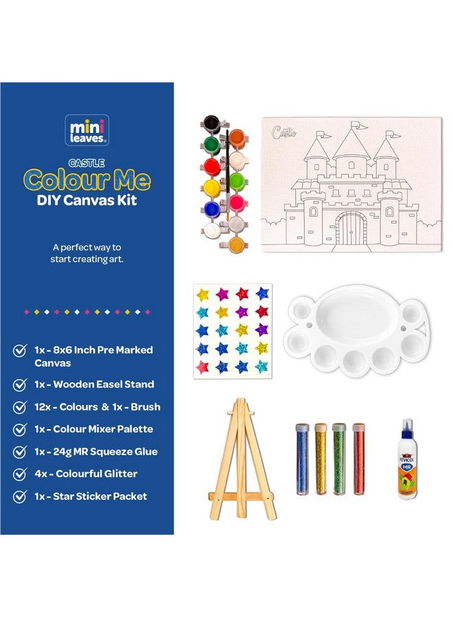 Mini Leaves Mini Leaves Colour Me Castle DIY Canvas Art Kit 8 x 6 Inch with Wooden Easel, Premium Paint kit for Kids 6+ Years, Brush, Glitters | Beginner DIY Canvas Kit for Kids Ages 6-8- Single Piece  - Image 2