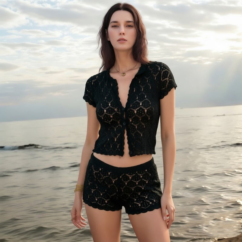 Women's Hollow Out Knitted Two-Piece Set - Short Sleeve Sweater & Shorts - Image 2