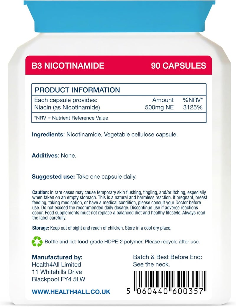 Health4All Vitamin B3 Niacin as Nicotinamide Niacinamide 500mg 90 Capsules Purest No Additives Vegan Gluten Free NoFlush Niacin Vitamin B3 Capsules Made in UK - Image 5